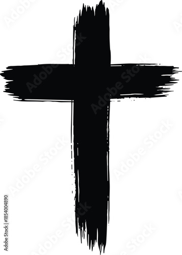 Black painted cross symbol, rough brush strokes, Christian faith icon, religious art texture, spiritual sacrifice concept - flat vector illustration