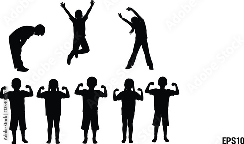 Black silhouettes of happy children jumping and exercising, strong kids showing muscles and stretching, active childhood play isolated on white background, vector