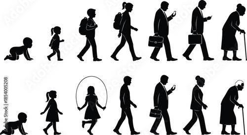 Black silhouettes of human life cycle evolution from baby to elderly, set of people aging from childhood to senior isolated on white background, vector