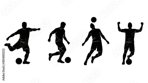 Black Football Player Silhouette Vector Showing Kicking Dribbling Heading and Celebrating Poses