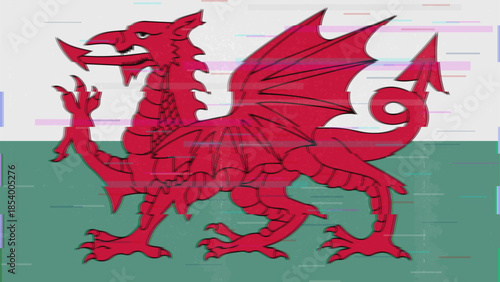 Wales glitch flag vector, RGB split distortion, digital abstract video frame illustration