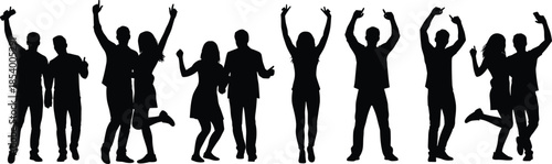 Black silhouettes of happy people dancing and celebrating, crowd of friends having fun at party, cheering group isolated on white background, vector
