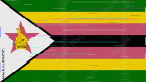 Zimbabwe glitch flag vector, RGB split distortion, digital abstract video frame illustration