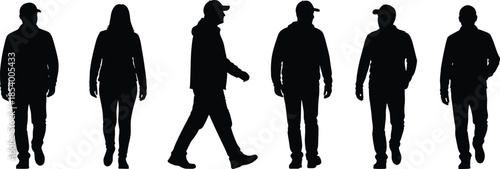 Black silhouettes of people walking in casual autumn clothing, men and woman in jackets and caps isolated on white background, vector illustration
