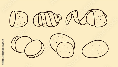 Potato Line Art Vector Set – Outline Whole, Sliced, and Peeled Potato Illustration for Food, Menu, and Packaging Design