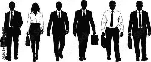 Black silhouettes of professional business people walking with briefcases, group of corporate men and women isolated on white background, vector illustration set