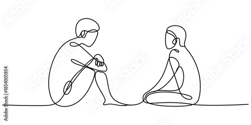 Two people sitting and talking, continuous line art drawing