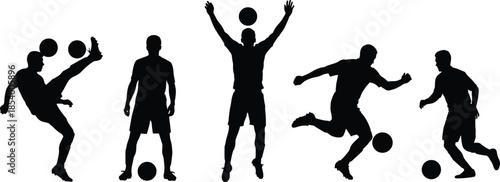 Black silhouette of soccer players set, professional football athlete figures kicking ball, dribbling, jumping and celebrating isolated on white background, vector sport illustration.