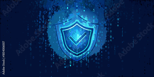 Digital security shield with checkmark symbol against a binary code backdrop
