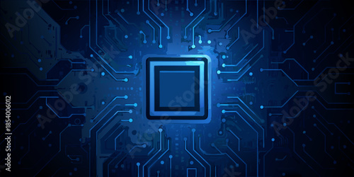 Abstract blue circuit board with a central square or chip focus