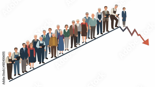 Diverse group of people standing on a rising graph line that turns into a falling graph line.