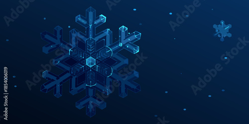 Intricate blue polygonal snowflake design against a dark starry background