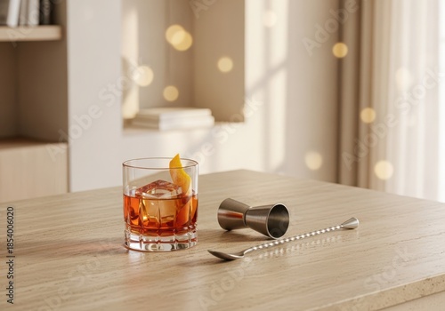 Old fashioned cocktail with ice and orange peel in a glass, next to a jigger and bar spoon on a wooden table, with a warm, blurred background and bokeh
