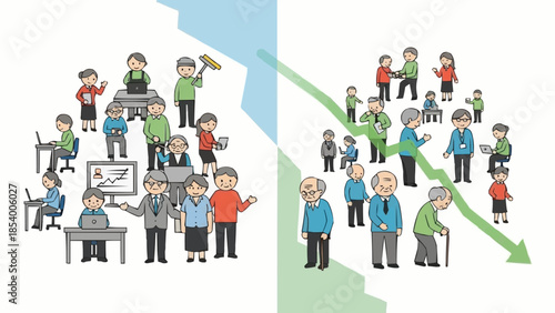 Diverse group of people in business setting contrasted with declining population.