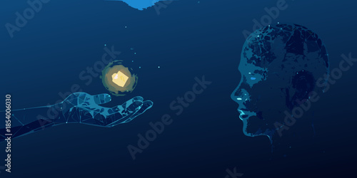 A human profile observes a glowing orb held in an outstretched hand