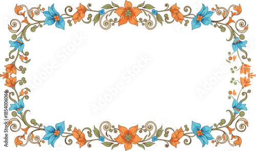 Elegant floral decorative frame with blue and orange flowers, vintage botanical border illustration, ornate design isolated on white background