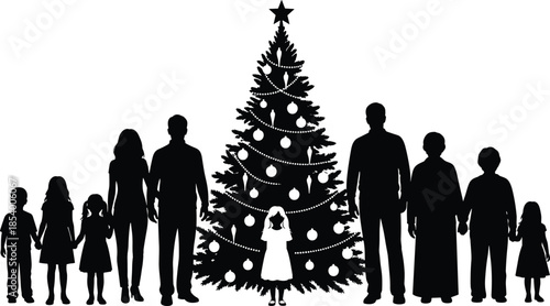 Christmas celebration silhouette, family gathering around decorated tree, festive holiday moment, joyful winter season, togetherness, tradition, children and adults sharing joy