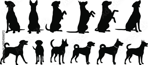 Collection of dog silhouettes in various poses including sitting, begging, standing, and barking, isolated vector set for pet industry graphic design and branding