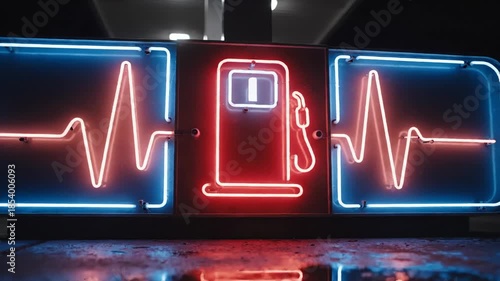 Neon sign illustration of a fuel pump with heartbeat lines in a dark environment