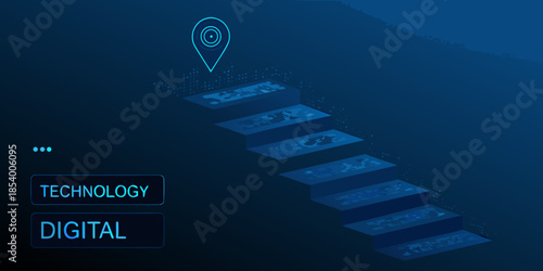 Digital technology progression represented by a staircase with a location pin