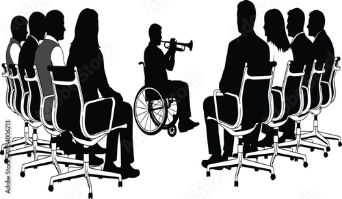 Disabled Trumpet Player in Wheelchair Performing for Audience, Professional Business Team Silhouette Holding Laptops, Diversity, Inclusion, Corporate Seminar,