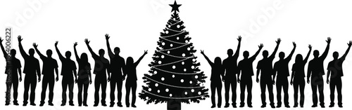 Diverse group of people silhouettes celebrating around a decorated Christmas tree with hands raised, holiday party and festive winter community event concept