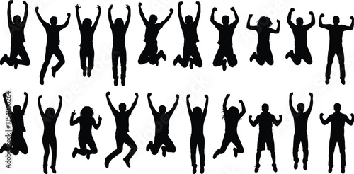 Diverse Silhouette Collection of Business Professionals Using Laptops, Inclusive Musician in Wheelchair, Travelers with Luggage, Park Nature Scenes, and People Jumping for Joy Illustration