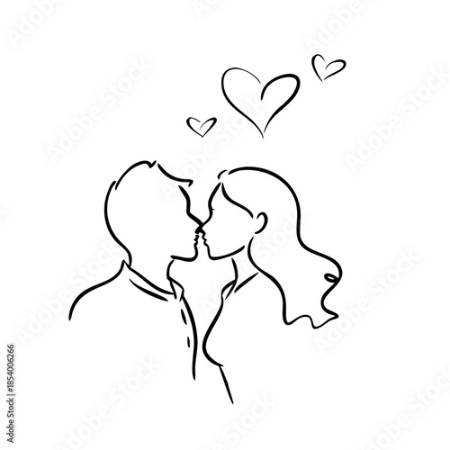 Romantic love silhouette sketch shows couple kissing, hearts float above. Elegant love silhouette sketch uses simple contour lines for intimate connection.