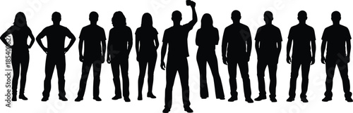 Diverse group of people silhouettes standing in a row, community of men and women together, teamwork and social crowd gathering vector illustration
