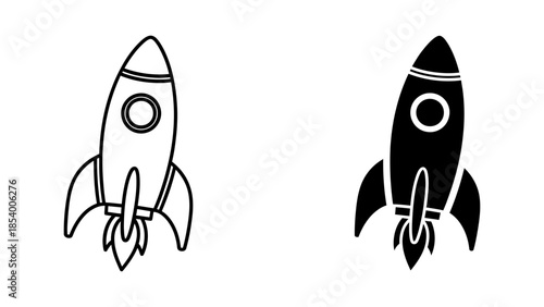 Two Stylized Rocket Icons: Outline and Solid Fill on White Background