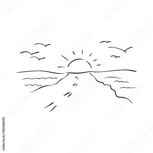 Minimalist sunset walk sketch depicts sun descending into ocean, path marked by footprints. Graceful pencil art shows tranquil sunset walk sketch with birds.