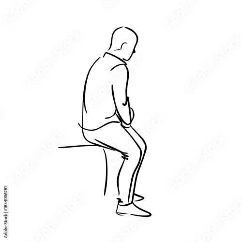 Expressive waiting figure sketch of person sitting from behind. Contour line art depicts solitary waiting figure sketch with minimalist style, showing patience. Graceful pencil art illustration.