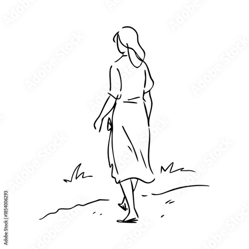 Quiet stroll sketch depicting woman walking away in simple line art style. This minimalist quiet stroll sketch captures an elegant silhouette and natural movement.