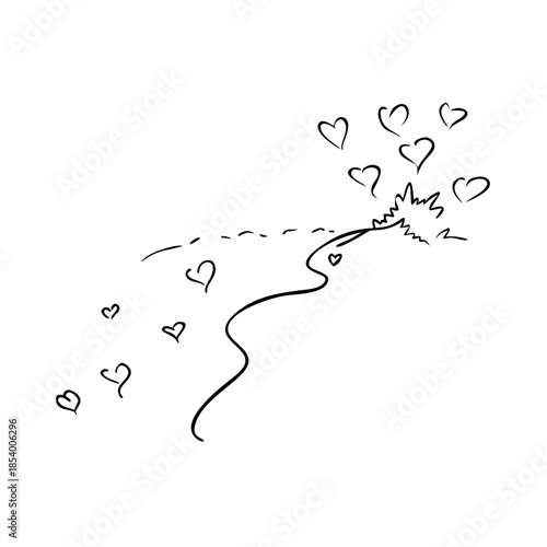 Graceful romantic path sketch shows flowing line with heart symbols. Contour pencil art illustration forms elegant trail of bursting hearts, symbolizing love journey.