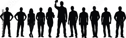 Group of people silhouette standing in a row together, diverse men and women crowd standing together, community teamwork and social gathering concept