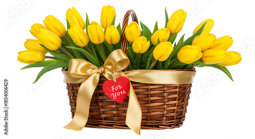 A vibrant wicker basket filled with bright yellow tulips and a heart on transparent background.
