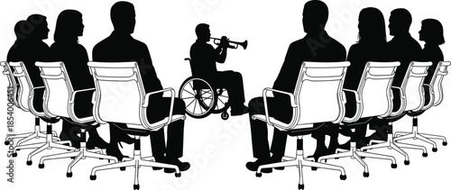 Handicapped Trumpet Player in Wheelchair Performing for Audience, Diverse Business People Silhouette Listening to Live Music, Disability Inclusion and Professional Workshop Concept Illustration