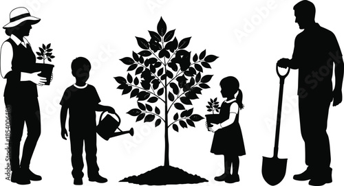 Happy family gardening silhouette planting a young tree and saplings in pots, mother father and children working in garden with shovel and watering can