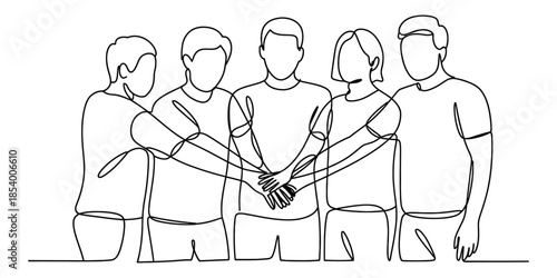 One line drawing of five people putting hands together in center