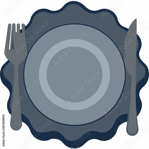 A top down view of a rustic light gray stoneware plate with an irregular edge Vintage silver fork and knife are positioned on either side The scene is.