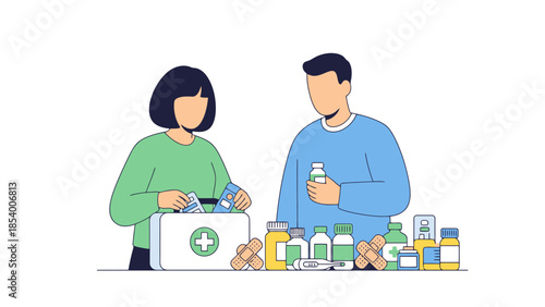 First Aid Kit and Medicine Bottles for Health and Emergency Preparedness