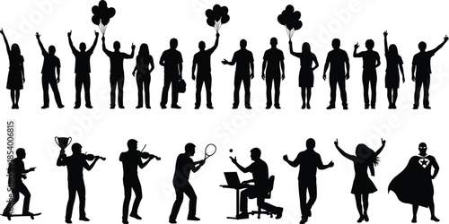 Mega Collection of Silhouette Figures Including Business Professionals with Laptops, Sports Athletes, Inclusive Wheelchair Users, Travelers with Luggage, and People in Nature Park