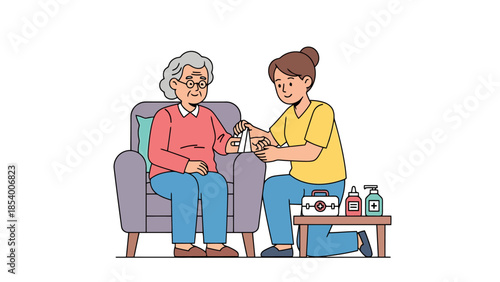 Compassionate Caregiver Tends to Elderly Patient s Arm Injury with First Aid Supplies