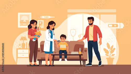 Pediatrician Examining Child Patient During Family Medical Checkup Appointment at Home Clinic