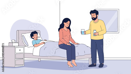 Family Caring for Sick Child at Home Parents Providing Comfort and Medicine
