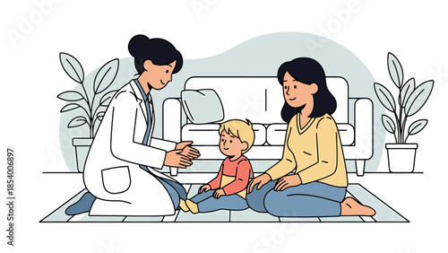 Pediatrician Consulting With Mother and Child During Home Visit