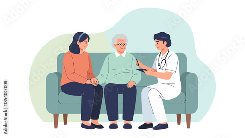 Healthcare Professional Consults with Elderly Man and Young Woman on Sofa