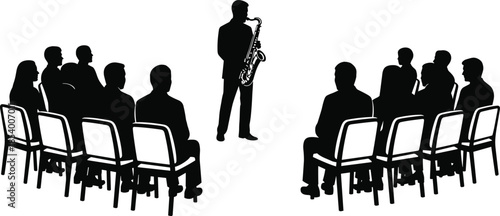 Saxophone player performing for seated audience, jazz concert scene, musician silhouette, black and white vector illustration, live music performance concept design