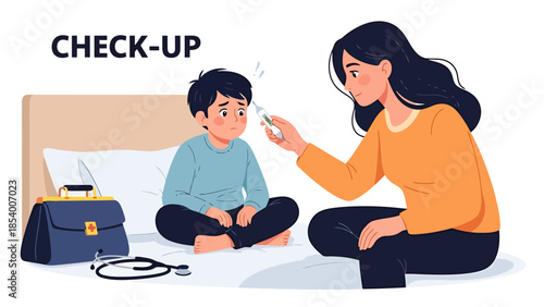Mother Checks Child s Temperature at Home Healthcare Scene