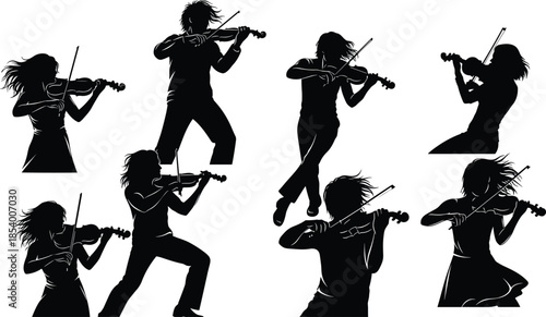 Set of silhouettes featuring violinists and fiddle players, male and female musicians performing with expressive movements and dynamic poses for classical or modern concerts.